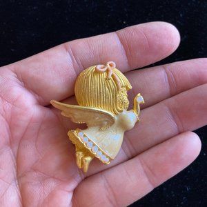 Brooch Vintage Retro Angel Gold Enamel Faux Pearls Adorable Women's Jewelry Pin